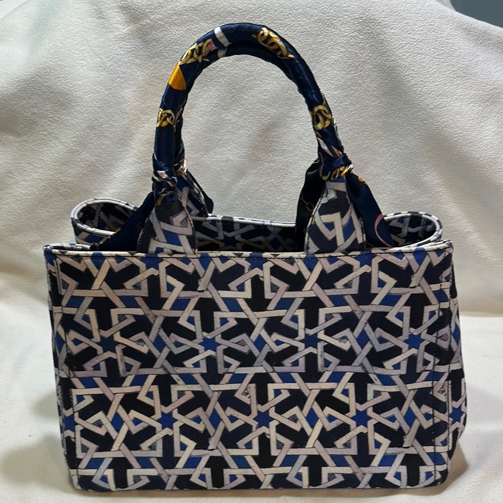 Prada Blue and White Structured Tote Bag